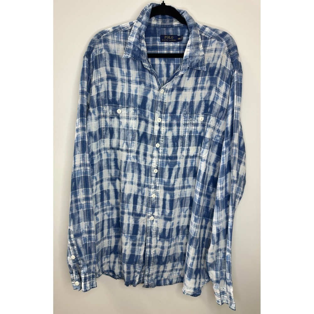 Polo Ralph Lauren 100% Linen Mens Blue White Tie Dye Plaid Button Down Shirt XXL - Picture 15 of 15